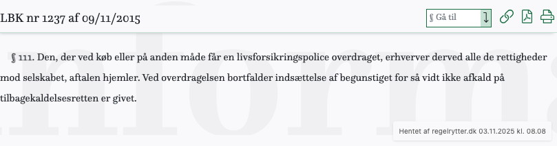 Screenshot af § 111. fra retsinformation.dk