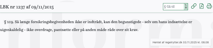 Screenshot af § 109. fra retsinformation.dk