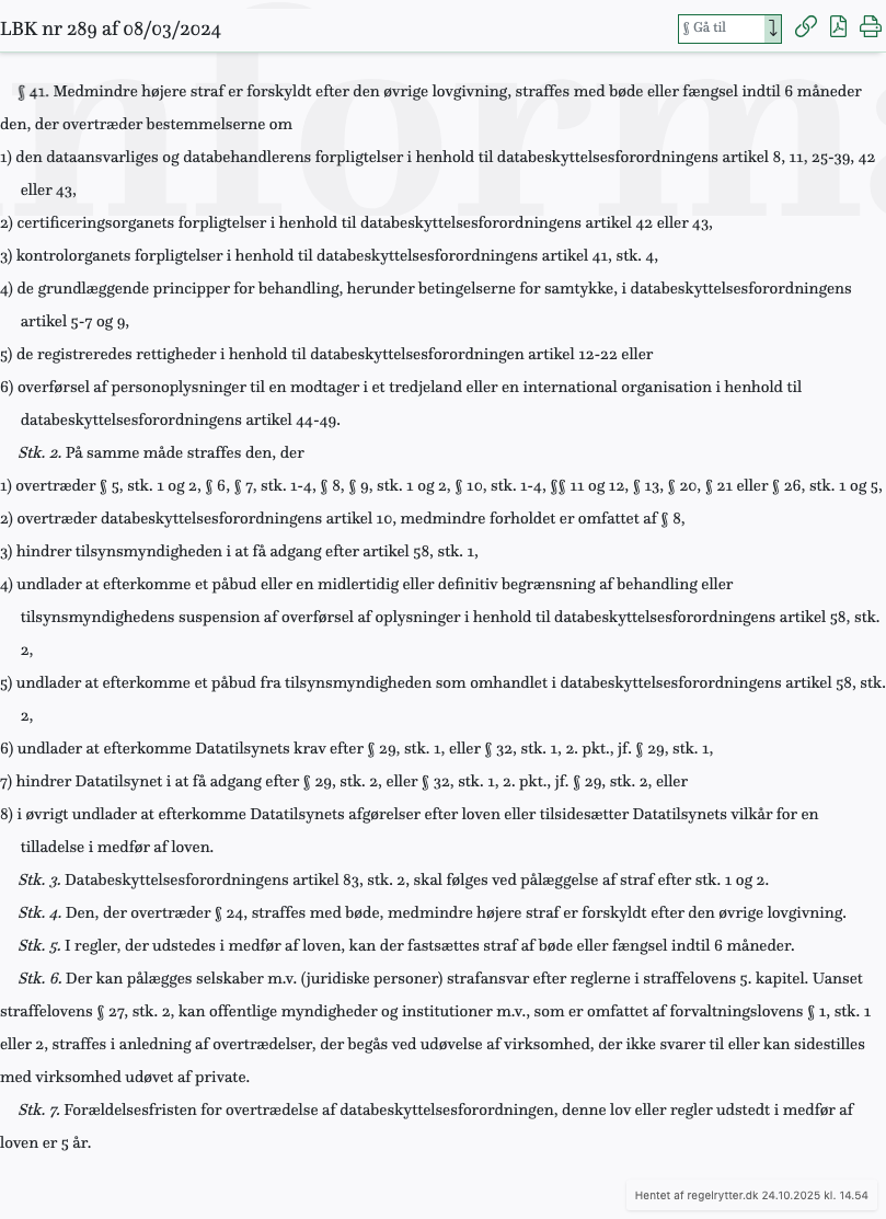 Screenshot af § 41. fra retsinformation.dk