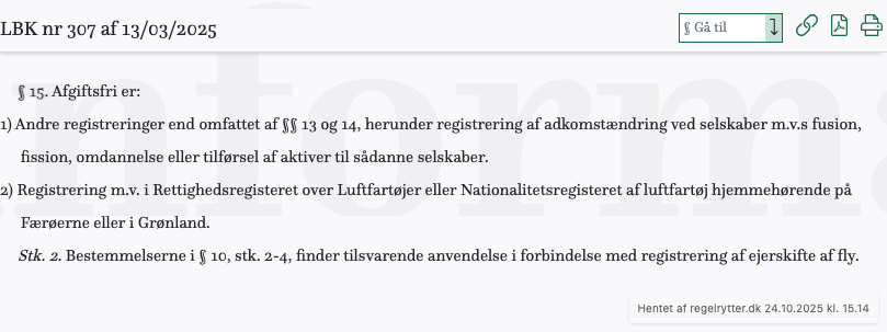 Screenshot af § 15. fra retsinformation.dk