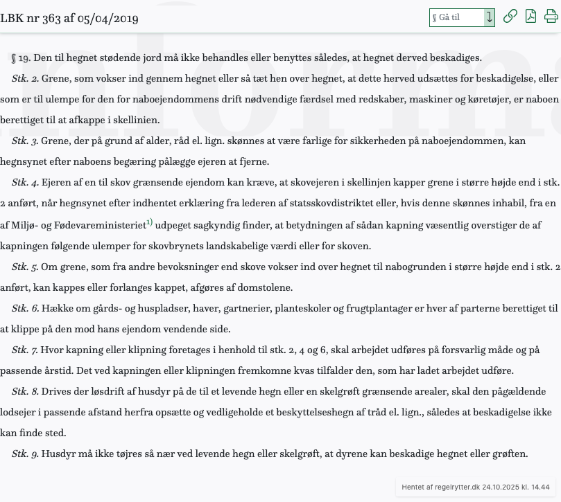 Screenshot af § 19. fra retsinformation.dk