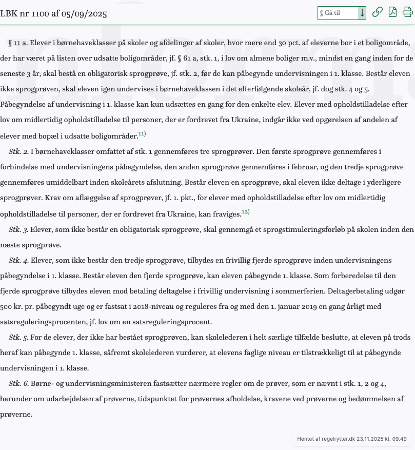 Screenshot af § 11 a. fra retsinformation.dk