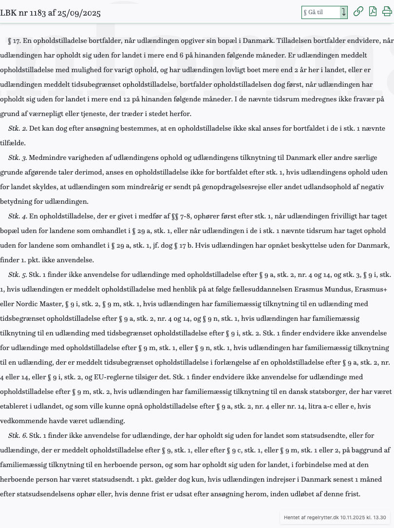 Screenshot af § 17. fra retsinformation.dk