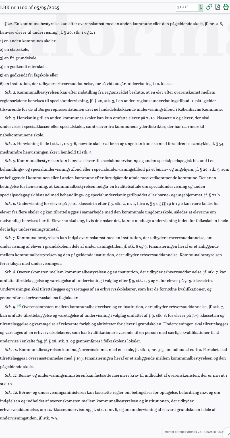 Screenshot af § 22. fra retsinformation.dk