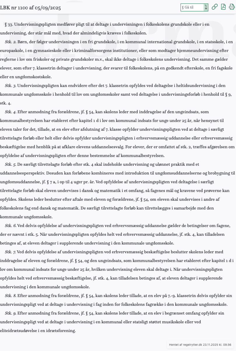 Screenshot af § 33. fra retsinformation.dk