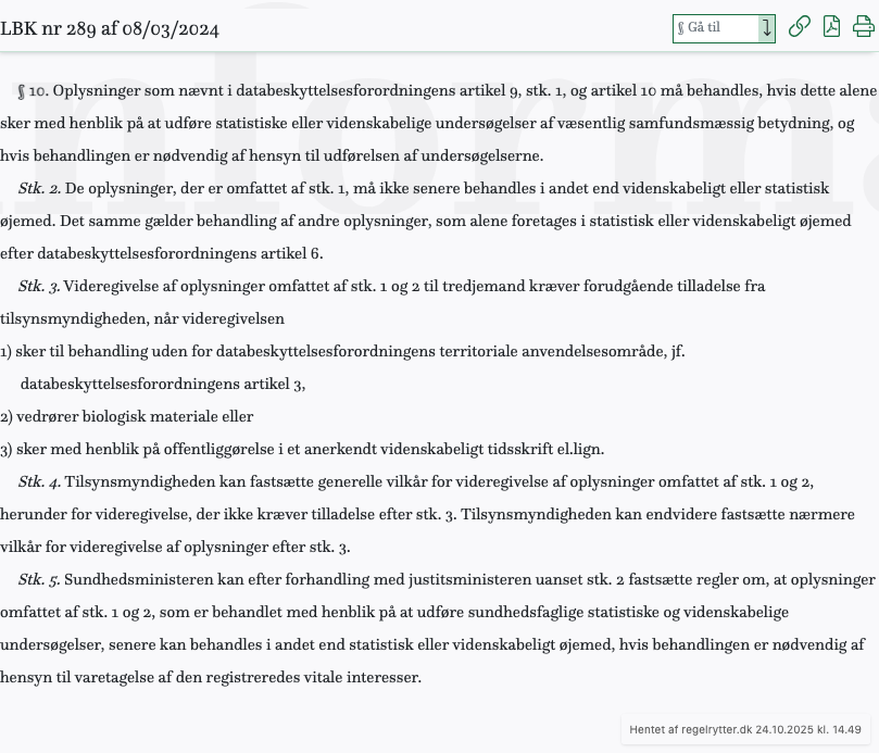 Screenshot af § 10. fra retsinformation.dk