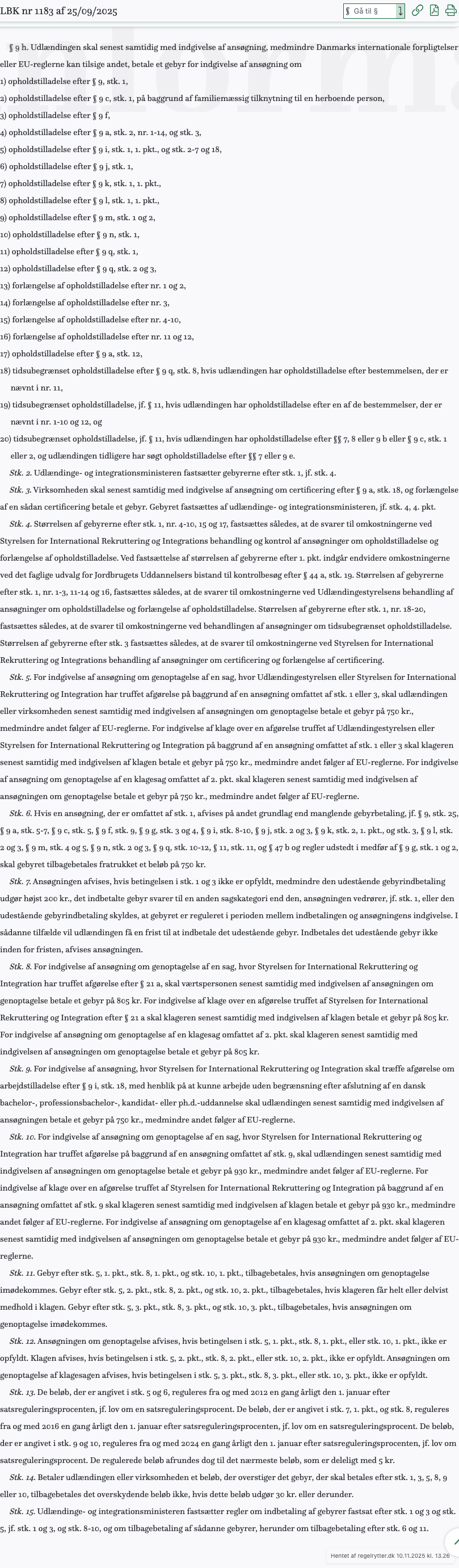 Screenshot af § 9 h. fra retsinformation.dk