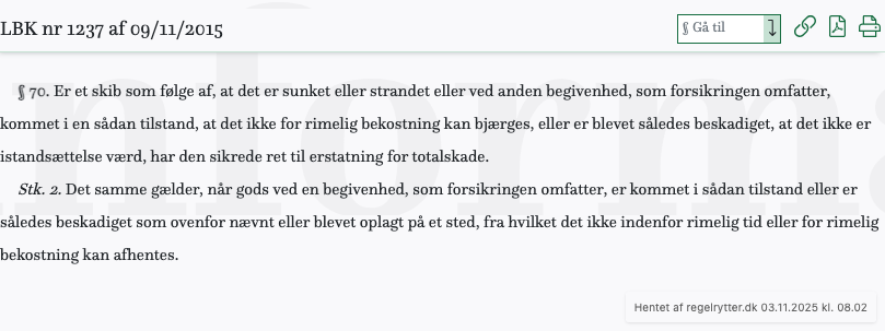 Screenshot af § 70. fra retsinformation.dk