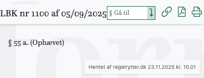Screenshot af § 55 a. fra retsinformation.dk