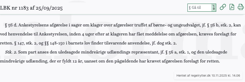 Screenshot af § 56 d. fra retsinformation.dk