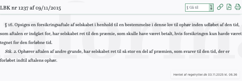 Screenshot af § 16. fra retsinformation.dk