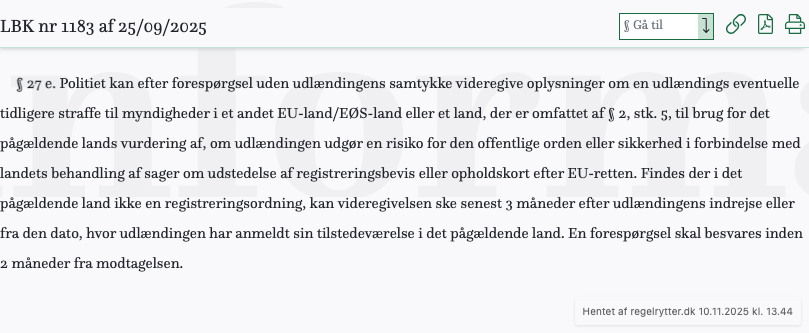 Screenshot af § 27 e. fra retsinformation.dk