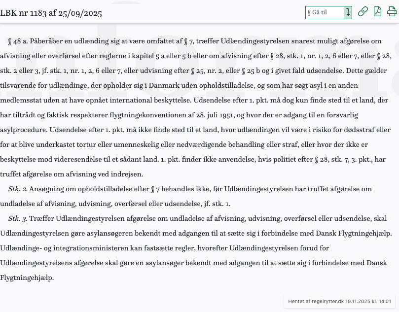 Screenshot af § 48 a. fra retsinformation.dk