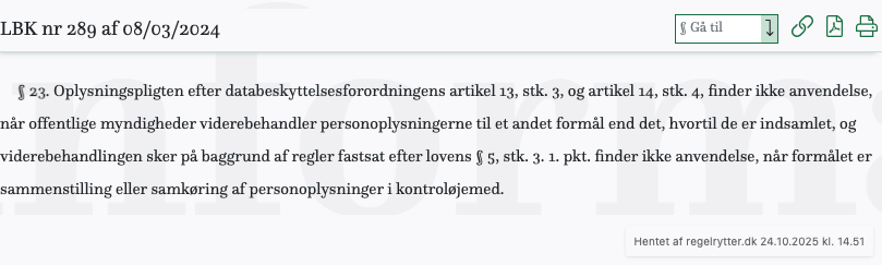 Screenshot af § 23. fra retsinformation.dk