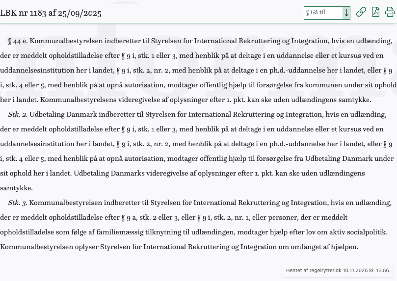 Screenshot af § 44 e. fra retsinformation.dk