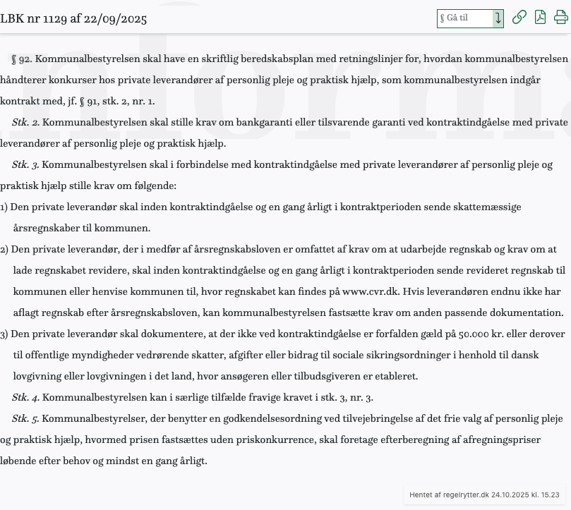 Screenshot af § 92. fra retsinformation.dk