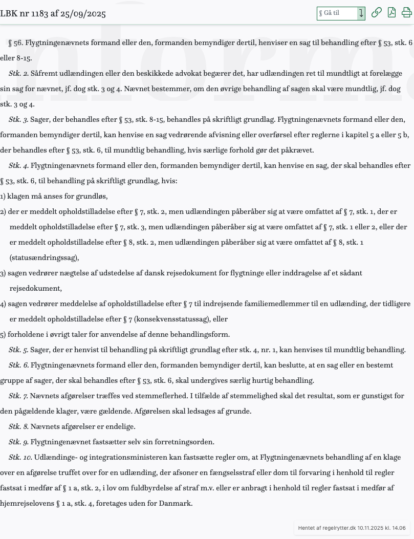 Screenshot af § 56. fra retsinformation.dk