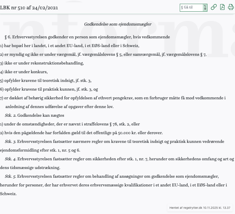 Screenshot af § 6. fra retsinformation.dk