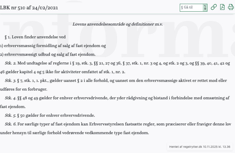 Screenshot af § 1. fra retsinformation.dk