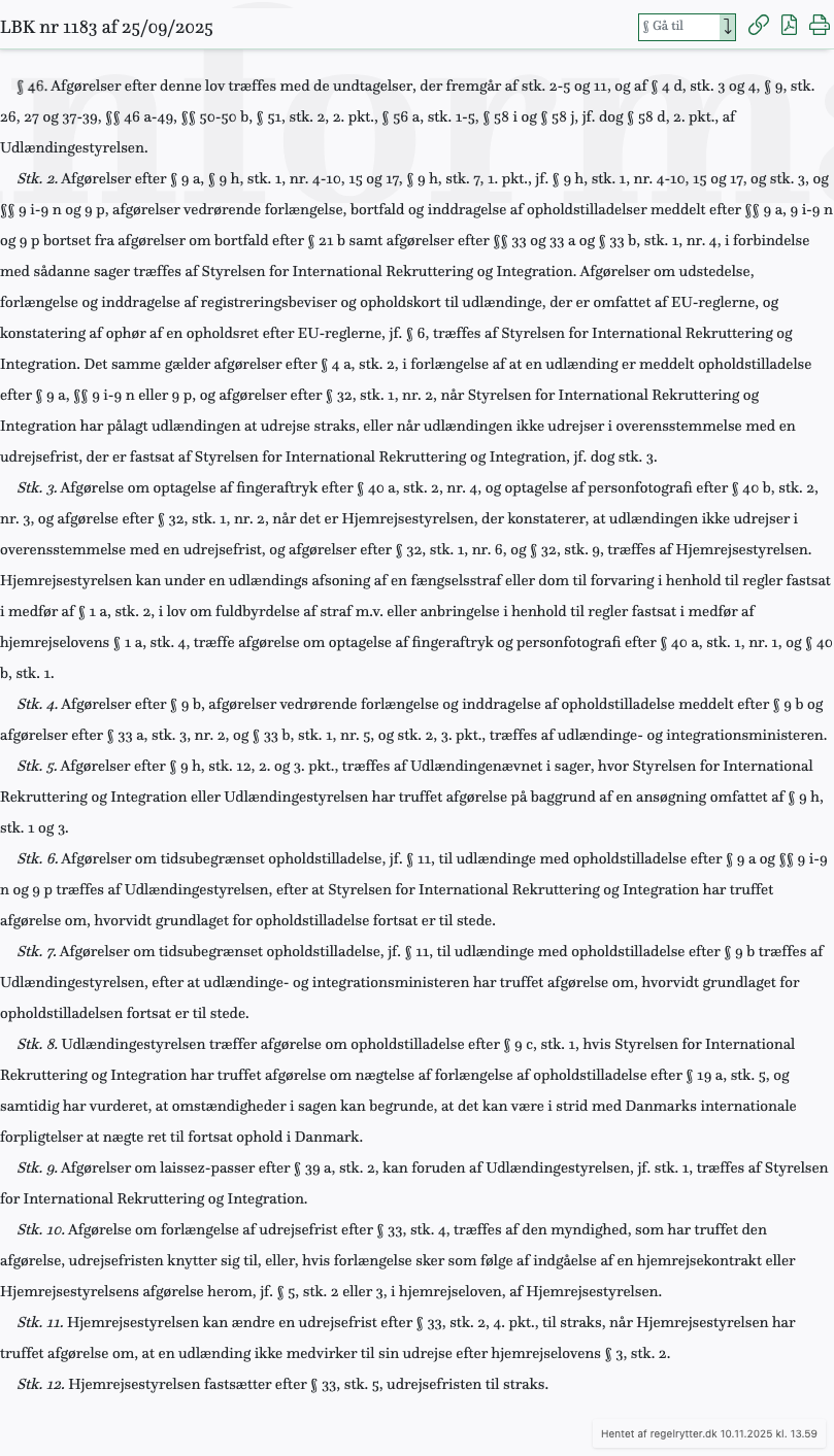 Screenshot af § 46. fra retsinformation.dk