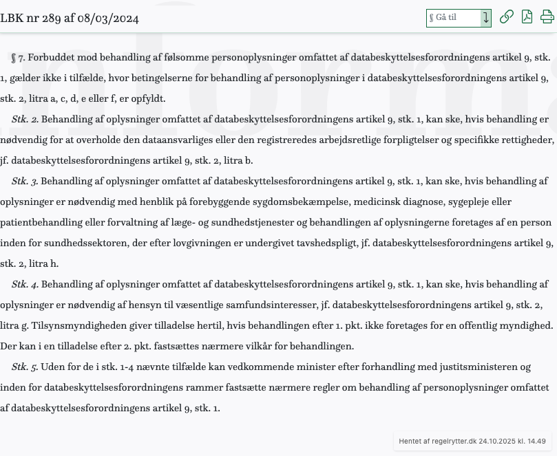 Screenshot af § 7. fra retsinformation.dk