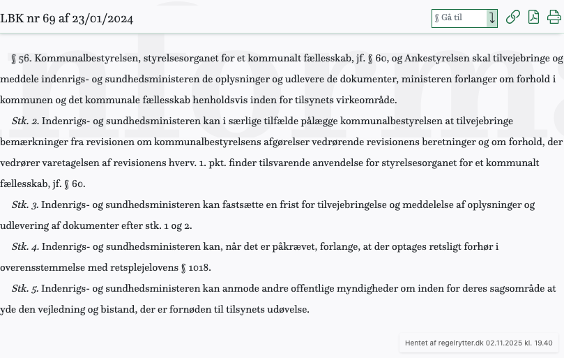 Screenshot af § 56. fra retsinformation.dk