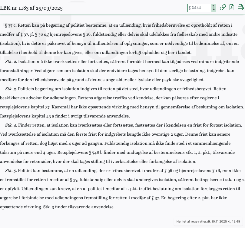 Screenshot af § 37 c. fra retsinformation.dk