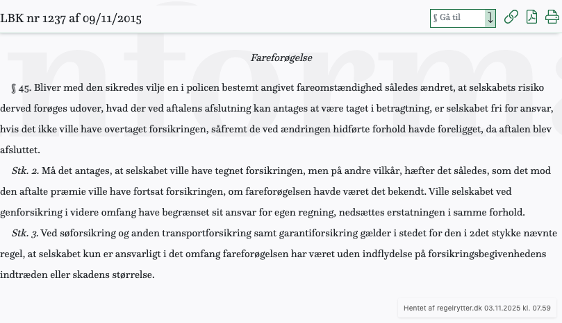 Screenshot af § 45. fra retsinformation.dk