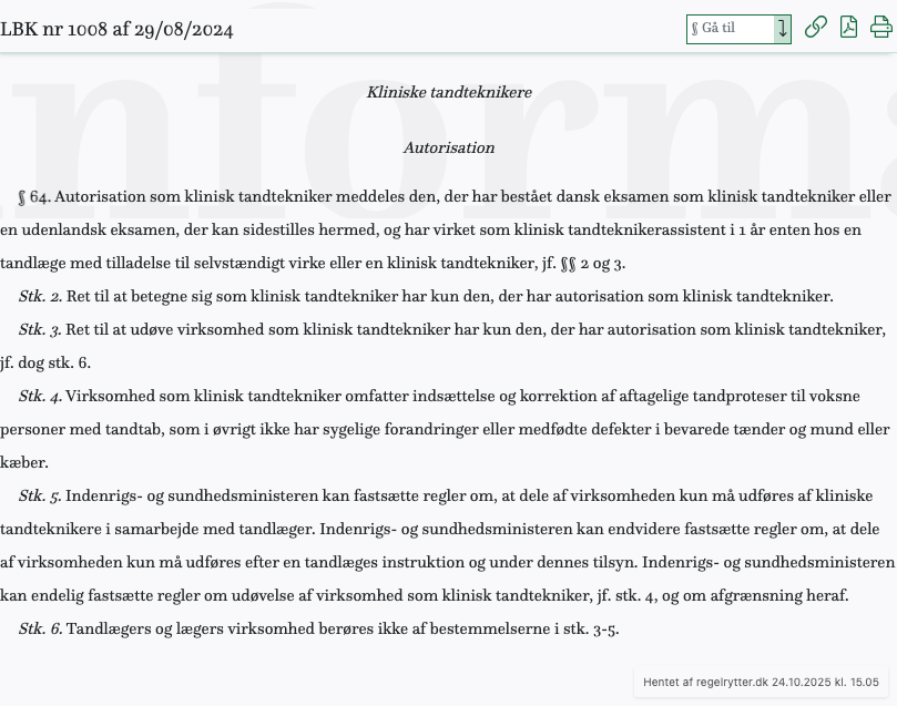 Screenshot af § 64. fra retsinformation.dk