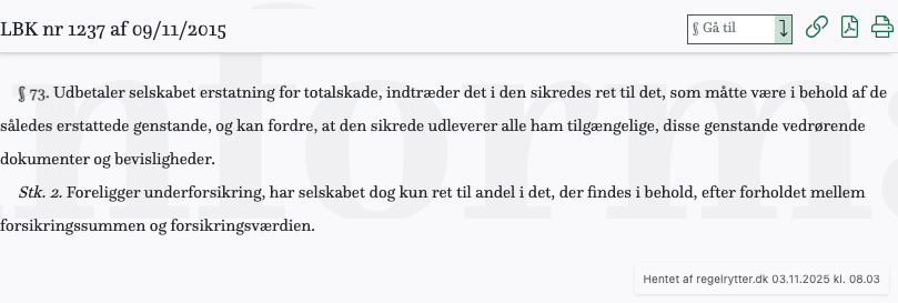 Screenshot af § 73. fra retsinformation.dk