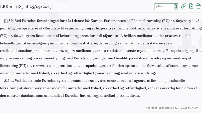 Screenshot af § 58 b. fra retsinformation.dk