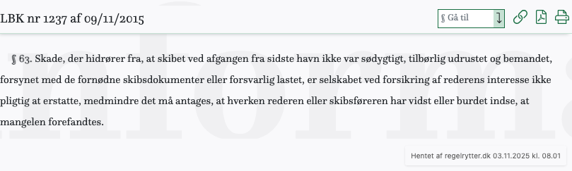 Screenshot af § 63. fra retsinformation.dk