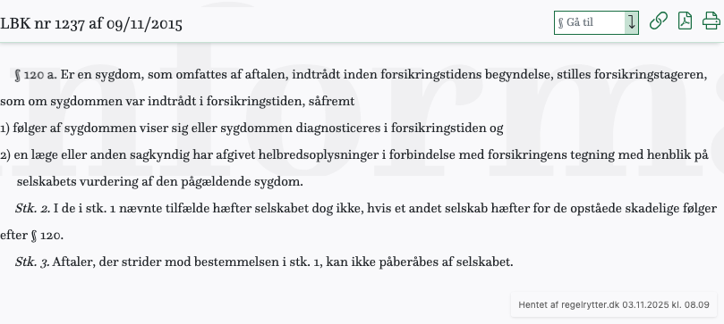 Screenshot af § 120 a. fra retsinformation.dk