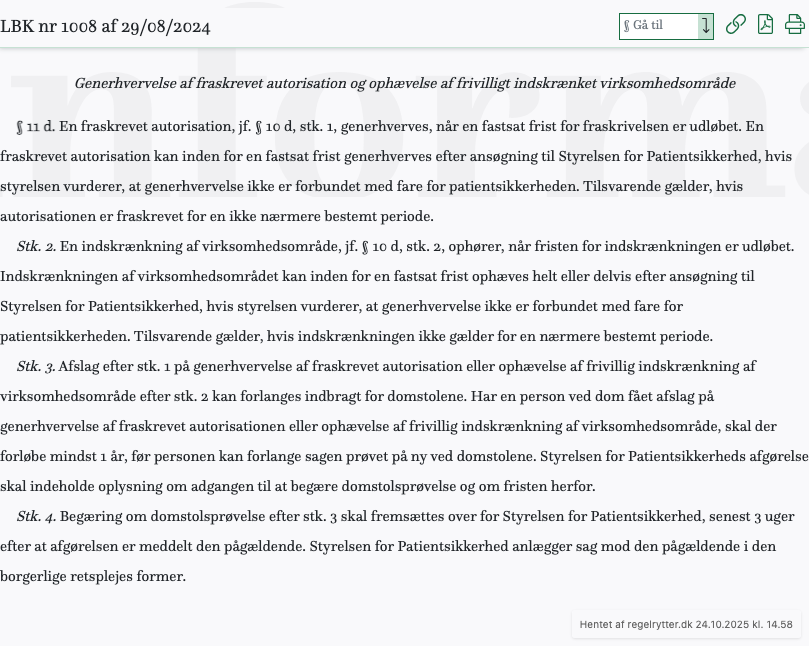 Screenshot af § 11 d. fra retsinformation.dk