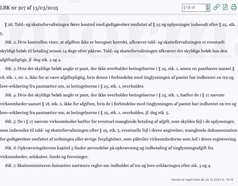 Screenshot af § 26. fra retsinformation.dk