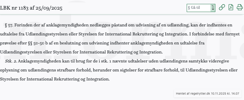 Screenshot af § 57. fra retsinformation.dk