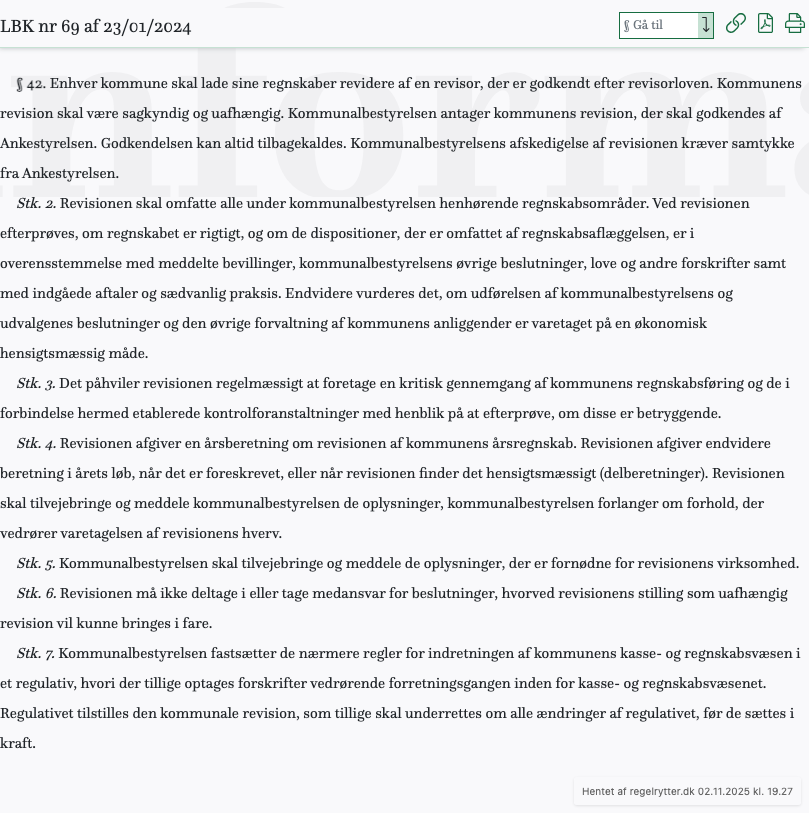 Screenshot af § 42. fra retsinformation.dk