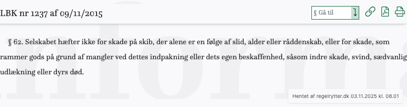 Screenshot af § 62. fra retsinformation.dk