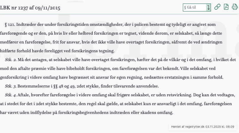 Screenshot af § 121. fra retsinformation.dk