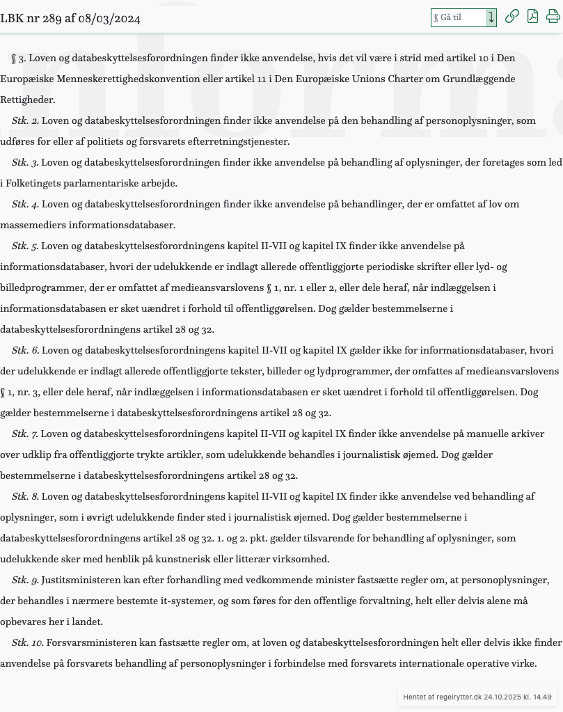 Screenshot af § 3. fra retsinformation.dk