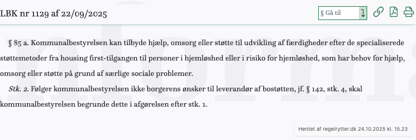 Screenshot af § 85 a. fra retsinformation.dk