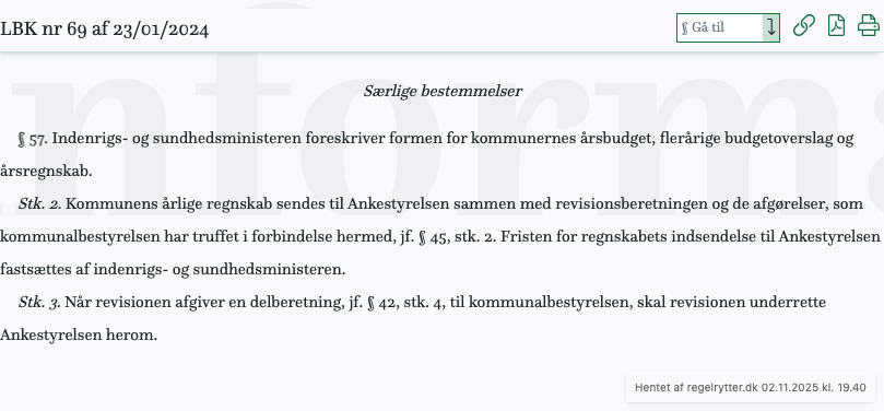 Screenshot af § 57. fra retsinformation.dk