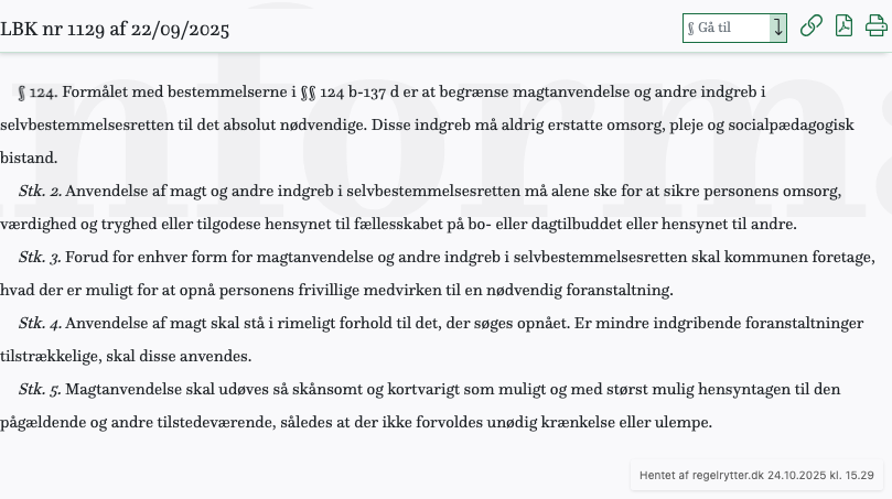 Screenshot af § 124. fra retsinformation.dk