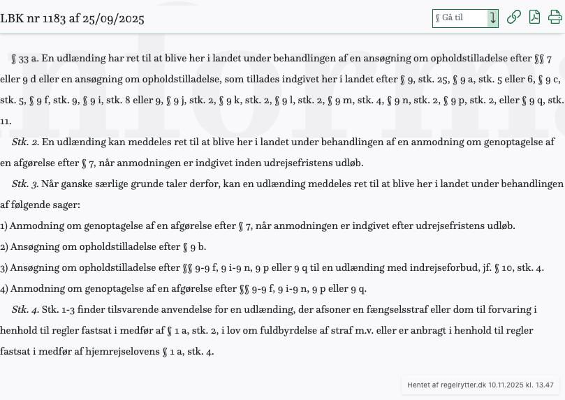 Screenshot af § 33 a. fra retsinformation.dk