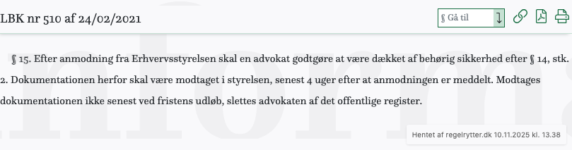 Screenshot af § 15. fra retsinformation.dk