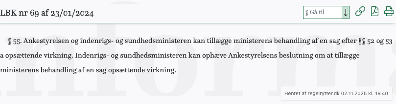 Screenshot af § 55. fra retsinformation.dk