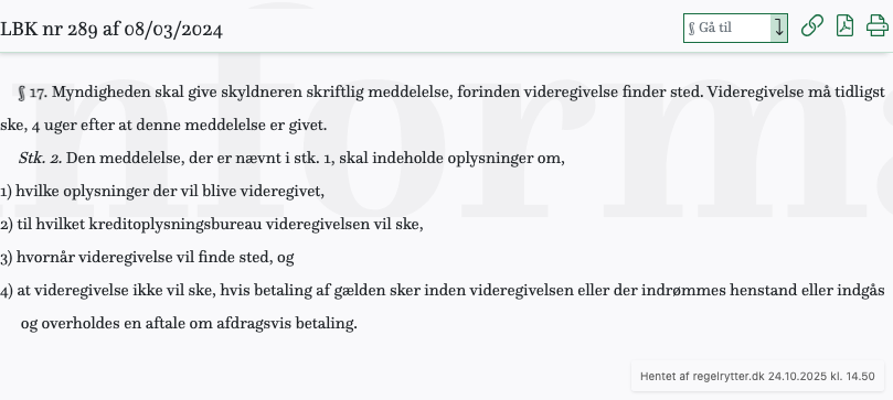 Screenshot af § 17. fra retsinformation.dk
