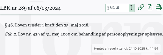 Screenshot af § 46. fra retsinformation.dk