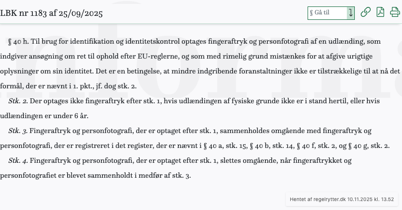 Screenshot af § 40 h. fra retsinformation.dk