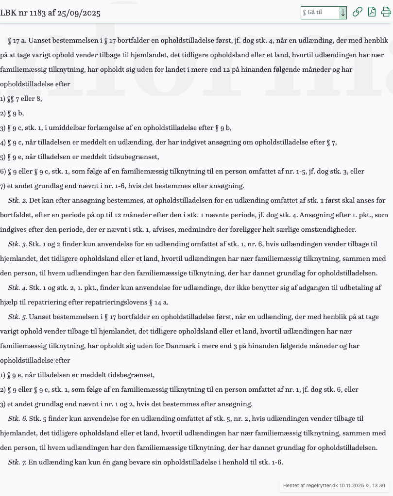 Screenshot af § 17 a. fra retsinformation.dk